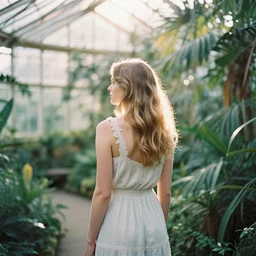 photograph of a beautiful!!! woman! from the back standing in tropical greenhouse by mark owen. scotland mood. pastel colors. kodak portra 4 0 0 film!!. whirl bokeh!. mamiya 7. highly detailed. hq. photoreal. golden hour. lens flare. faded film. in - frame