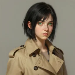 upper body portrait of a girl from final fantasy live action, with short black hair and green eyes in a tan trenchcoat, award winning, masterpiece digital painting by greg rutkowski, alex grey, artstation, 4 k wallpaper,