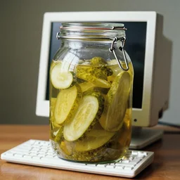 1 9 9 0 s desktop computer submerged in a pickle jar. magazine photography.