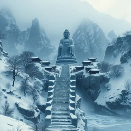 a gorgeous bleak snowy landscape painting by barlowe wayne, maxfield parrish, gustave dore and marco mazzoni. a lonnely huge chinese buddha statue. china mountain village. grey blue and very little light verdancy. the winding stone steps. ultra clear detailed. 3 d, octane render. turbulent blood lake.