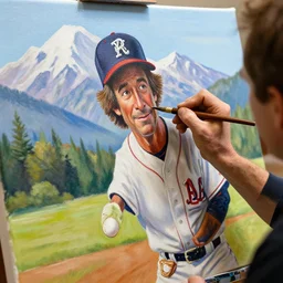 a closeup photorealistic photograph of bob ross crafting an image of kenny powers baseball, a depiction on a canvas. mountains and trees. film still. brightly lit scene. this 4 k hd image is trending on artstation, featured on behance, well - rendered, extra crisp, features intricate detail, epic composition and the style of unreal engine.