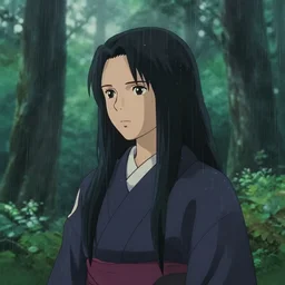 portrait close up bust of woman, dense forest, long black hair, kimono, heavy rain, mist, backlit, princess mononoke, 4 k, greg rutkowski, shallow depth of field, dramatic lighting, afternoon, hayao miyazaki, masashi ando, nizou yamamoto, kazuo oga, joe hisaishi, yoji takeshige, naoya tanaka