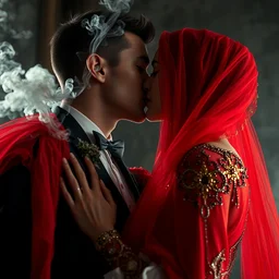 boy and a girl kissing, wedding from hell, by tom bagshaw and greg rutkowski, red fabric, fiber amethyst weaving into strands of smoke and brass and iron metal filigree joining into carbon fiber strands, fractal shapes, white explosions, dramatic lighting, ultra detail, close up, dof, smooth render, cinematic, octane render