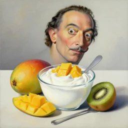 yougurt with mango and kiwi fruits still life painting by salvador dali