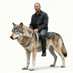jason statham is sitting in his jacket!!! on a huge wolf, on a white background, realism, detailed study, maximum detail, quality, high quality, soft light, depth of field, focus, realism, 8 k quality, classicism style,