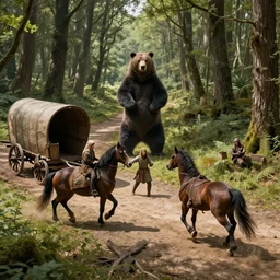 a detailed concept art of three medieval gipsies in a medieval caravan with two horses. fighting with a standing uo big bear in sherwood forest path. merchant wagon with a broken wheel. sunny day. shadows. faces. wide angle. trending on artstation, craig mullins, gopro lens. centered composition. 1 8 mm lens.