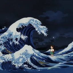 a very dull wide shot still from ponyo ( 2 0 0 8 ) of a tsunami on a starry night. perfect art, grimdark, trending on pixiv fanbox, painted by studio ghibli