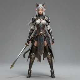 beautiful female elf - catgirl warrior fighter girl character full - length image, concept art futuristic norse, anime art, intricate details, highly detailed photorealistic portrait in the style of adam hughes, seseon yoon, artgerm and warren louw