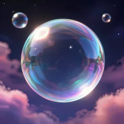 iridescent glass bubble in space full of stars and vibrant clouds, volumetric light, octane render, glass shader