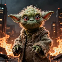 zombie yoda as a zombified zombie in the walking dead, photograph, hyperrealistic, burning city background