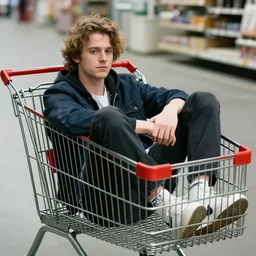 nick valentine is sitting in a shopping cart
