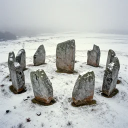 an aerial view photograph of neolithic standing stones, solarised, by joel peter witkin, 1 8 0 0 s vintage, drone photography, grainy, snow, highly detailed, gloomy and foggy atmosphere, octane render, bleach bypass, cinematic lighting, photographic emulsion cracked and peeling, tri - x, 8 k, hd