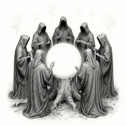 a high detail intricate drawing of a stump surrounded by hooded figures smoke billowing from robes a circle cut into the ground surrounds them, a woodcut by jose clemente orozco, pixabay, modern european ink painting, woodcut, ultrafine detail, henry moore