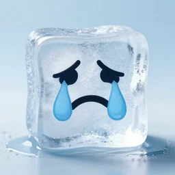 an ice cube with a comically sad face crying