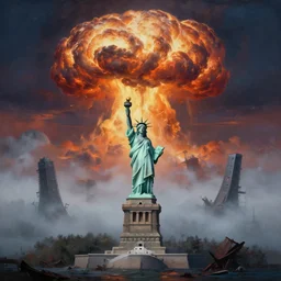 broken statue of liberty in the middle , giant atomic nuclear war explosion cloud on neptune graveyard wasteland  with fog during moody sunset  , panoramic cinematic very sharp oil painting by frazetta