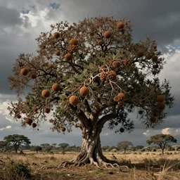 ayahuma tree looking like an ent with brown round fruits, art by christophe vacher
