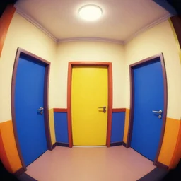 theatre access corridor background, 3 doors, fish eye, day of the tentacle, color, vibrant, bauhaus art