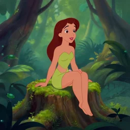 fairy sitting on moss covered stump, from the jungle book, disney animation, extremely detailed