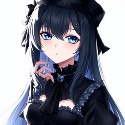 a woman in a black outfit with blue eyes, a character portrait by torii kiyomasu, featured on pixiv, gothic art, anime aesthetic, goth, official art