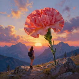 giant carnation flower as a head, girl hiking in the dolomites, surreal photography, sunrise, dramatic light, impressionist painting, colorful clouds, digital painting, artstation, simon stalenhag