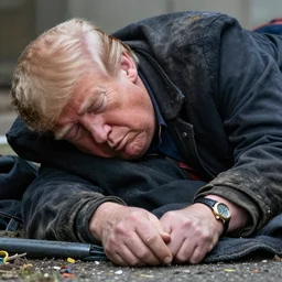 donald trump as a homeless man, bum, drunkard, passed out, disheveled, dirty clothes, bald head, close up detailed
