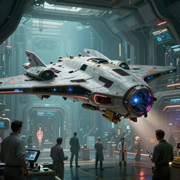 ( cyberpunk 2 0 7 7, bladerunner 2 0 4 9 ) amazing clear background, scientists creating an artificial alien highly detailed futuristic biomechanical thick smooth quad wing combat spaceship inside spaceship lab, 8 k, photo, octane render, photorealistic, art by john collier and albert aublet and krenz cushart and artem demura and alphonse mucha,