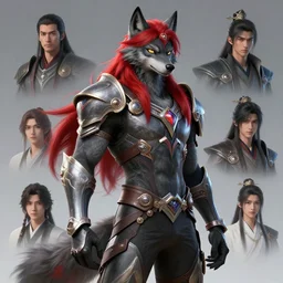 handsome dark gray male anthropomorphic wolf fursona, long red hair wearing destiny 2 armor. character design by cory loftis, fenghua zhong, ryohei hase, ismail inceoglu and ruan jia. artstation, volumetric light, detailed, photorealistic, fantasy, rendered in octane