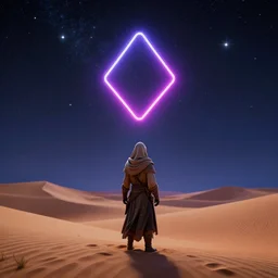 a dune cloaked character in a skyrim style is looking at the starry sky. there is a neon shape in the center of the picture. trending on artstation. octane blender 3 dsmax render. nvidia demo. amd demo. graphics. raytracing. reflection. harsh lighting. aesthetic. inventive. artful colors. inventive framing. creative subject positions. gorgeous lighting. intriguing scenery. fascinating scenario.