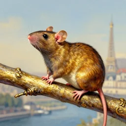 a rat sitting on a rood in paris, bright colorful, gold, hyperdetailed, artstation trending, world renowned artists, worth1000.com, historic artworks society, antique renewel, cgsociety, by greg rutkowski, by Gustave Dore, Deviantart