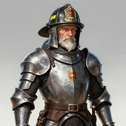 An old man wearing knights armour and a fire fighters helmet, full view, highly detailed, digital art, sharp focus, trending on art station, anime art style