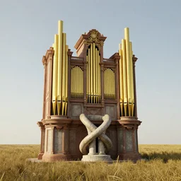 a detailed render of an isolated lonely large pipe organ with large golden pipes in the middle of a field, intertwined with a lone stone column, trending on artstation, render, 3 d, octane, 4 k, 8 k, unreal engine, cinema 4 d, baroque, art deco