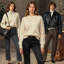 vogue women's fashion, bottega veneta, miu miu, prada, loewe, cashmere jumper, black jeans, ilya kuvshinov digital art illustration, john singer sargent impressionist oil painting, trending on artstation, intricate