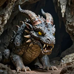 a cave-dwelling species with a dragon-like faci al structure, leathery gray skin, long horns, fangs , and yellow eyes