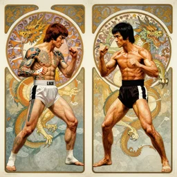 Enter The Dragon movie poster by Peter Paul Rubens, Art Nouveau, European palette, with Bruce Lee and Ali , with full body yakuza tattoo, in fighter poses, 4K, super detailed, symmetrical design