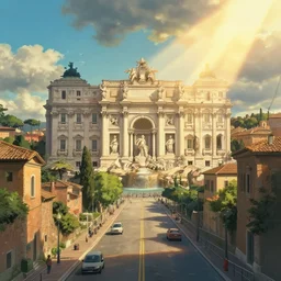 studio Ghibli style background matte painting of Rome. Roads. Monuments. 4k quality. Sunny day. Dramatic lightning Bloom