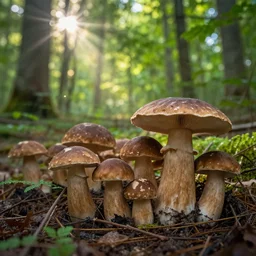 the forest, the sun through the foliage, a lot of porcini mushrooms
