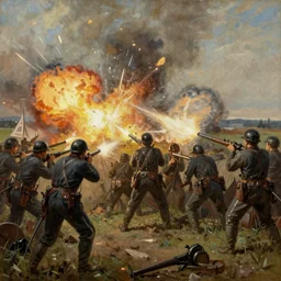 american civil war trench battle, shots fired, explosions all around, wide shot, cinematic, realistic painting in the style of jules breton