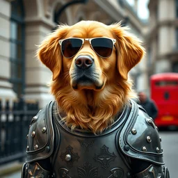 portrait of a golden retriever wearing armour in victorian london, wearing sunglasses 8 k