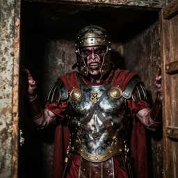 grainy photo of a roman centurion as a creepy monster in a closet, harsh flash