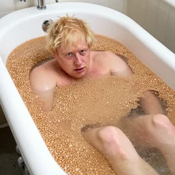 Boris Johnson swimming in a bathtub full of beans