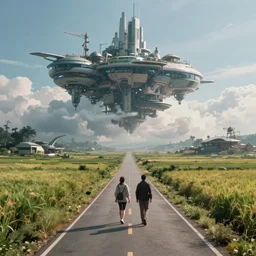 A science fiction landscape with two people walking down a road flanked by fields, in the distance a floating futuristic city in the coulds, clear skies, volumetric light, hyperdetailed, artstation, cgsociety, 8k