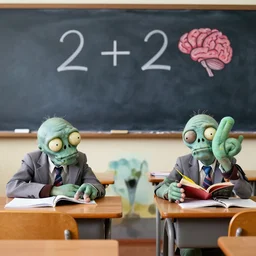 bored zombies sitting at the desk during math class, on the chalkboard a drawing 2 + 2 = brains