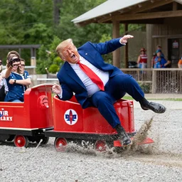 Photo of Donald J. Trump tumbling off of a kiddy train into gravel, screaming, taken in Silver Dollar City 2020