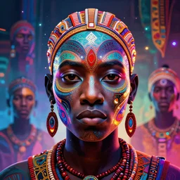 a breathtaking vibrant colorful head and shoulders portrait of the face of a strong tribal african, immersive digital art experiences, glowing lights, magic details, by moebius, edward hopper, james gilleard, and james jean, hd, 8 k, trending on artstation, uhd,