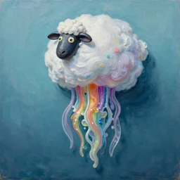 3d high relief painting of sea like jelly, Rainbow sheep like cotton candy floating lightly in the air, dreamy, soft , highly detailed,  expressive impressionist style, painted with a palette knife, in the style of Yuri Anatolyevich Obukhovskiy