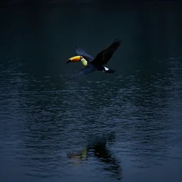 a toucan flying on a lake, reflections, midnight, lake, reflections, dark, mystery, wavy lake, dark atmosphere, dark sky