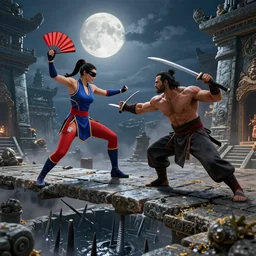 photorealistic playstation 5 gameplay of kitana and baraka from mortal kombat 2 brutally fighting each other on a narrow stone catwalk over a pit that is full of long spikes, in a stone temple in the moonlight. kitana is holding folding - fans. baraka has long blades extending from his knuckles. kitana or baraka has fallen into the pit. realistic high - resolution unreal engine rendering.