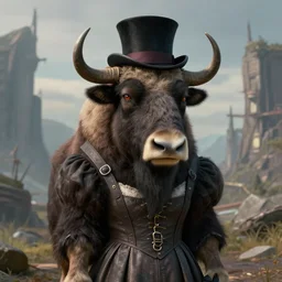 highly detailed portrait photo of an anthropomorphic mutant with the head of a musk ox, wearing a overgown and a top hat in a dystopian scenic environment, hyperrealistic Illustration