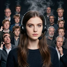 portrait of a telemarketer wearing a headset, hot plumes of steam rising, Alena Aenami, Petros Afshar, Noah Bradley, Anton Fadeev, Anato Finnstark, Steve Henderson, Filip Hodas, Mark Keathley, Thomas Kinkade, Phil Koch, Gilbert Williams, Mike Winkelmann, Beeple