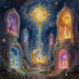 Magical portals to other worlds, fantasy magic, oil painting, digital art, illustration, wide angle, fine details, cinematic, volumetric light, ray traced, highly detailed, 4k, concept art